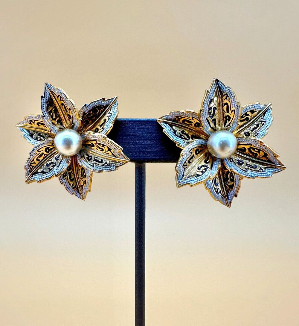 Vintage Damascene Flower Earrings Dimensional 3D Faux Pearl Clip On Gold Tone